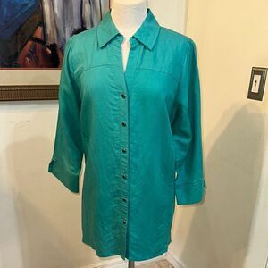 JM Collection Teal Linen Blend Button-Down Women's Top Size OX